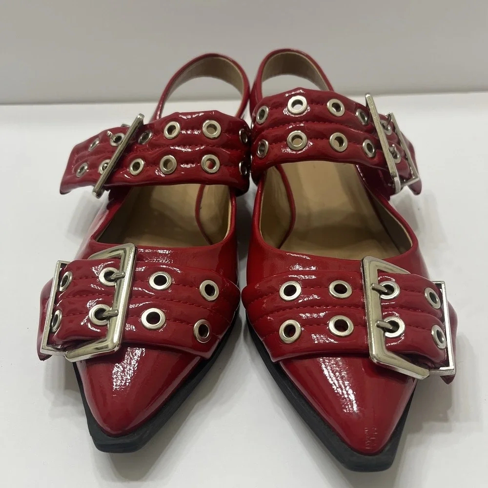 Steve Madden  Graya Flats Red Patent Chunky Buckles Silver Grommets Pointed